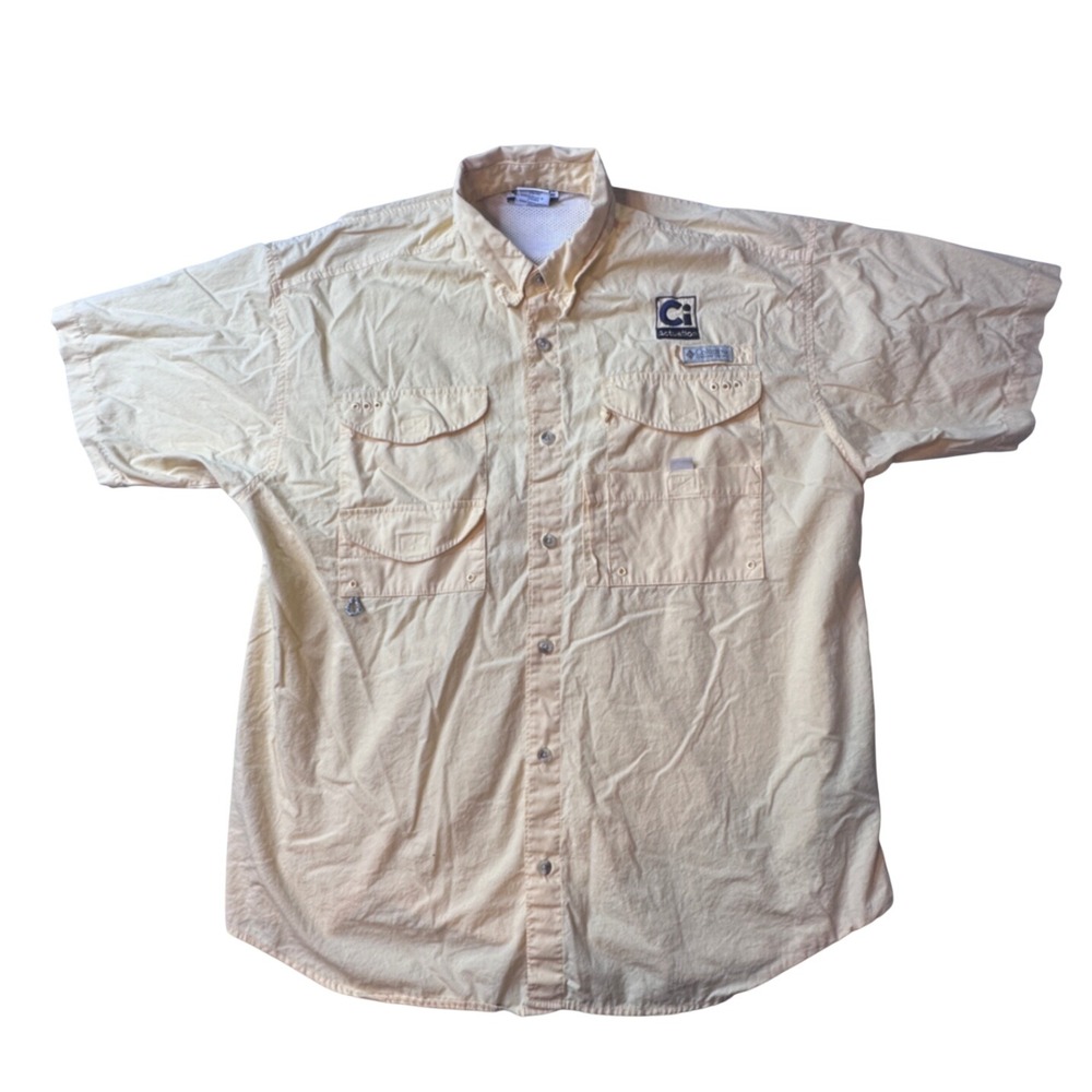 Columbia Fishing Shirt Mens L Yellow‎ PFG Bahama II Short Sleeve Vented Cotton